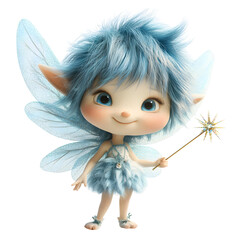 Blue Cartoon Fairy with Wand and Star Isolated on Transparent Background