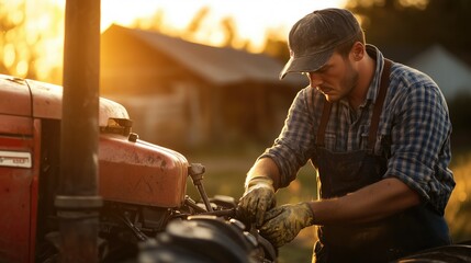 Caucasian male farmer repairing tractor at sunset in rural setting