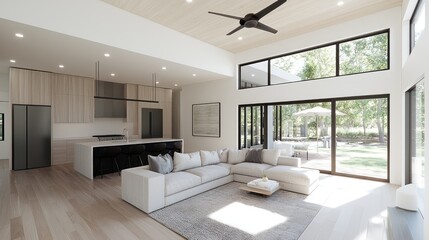 Modern home's open-plan living area, kitchen, and backyard view