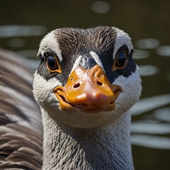 A dramatic close-up of a goose’s face, emphasizing its beak and eyes.