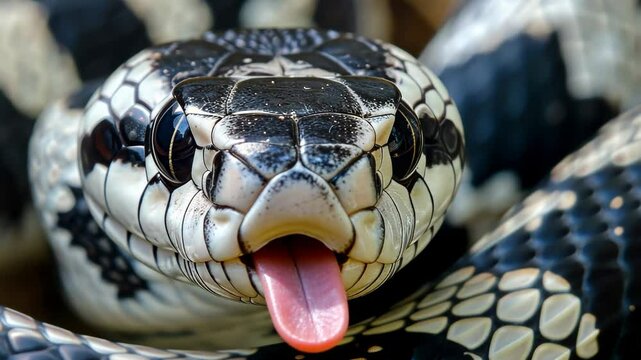 Texas rat snake Elaphe obsoleta lindheimeri resting on the forest floor during a sunny afternoon in Texas, showcasing its striking black and white pattern