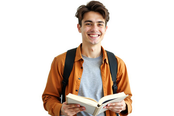 Smiling college student holding book isolated on transparent background. Cheerful portrait for education, presentations, and website graphics. Back to school theme.