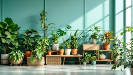 Modern aesthetic indoor plant setup with vibrant green foliage and teal paneled wall.