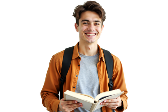 Smiling college student holding book isolated on transparent background. Cheerful portrait for education, presentations, and website graphics. Back to school theme.