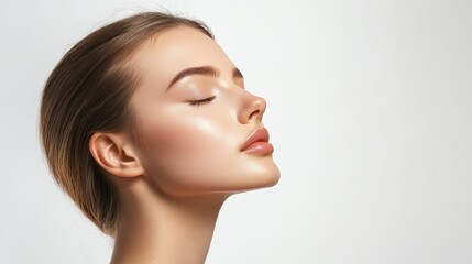 Radiant Beauty: Young Model with Flawless Skin Serene Expression in Profile on Soft White Background 
