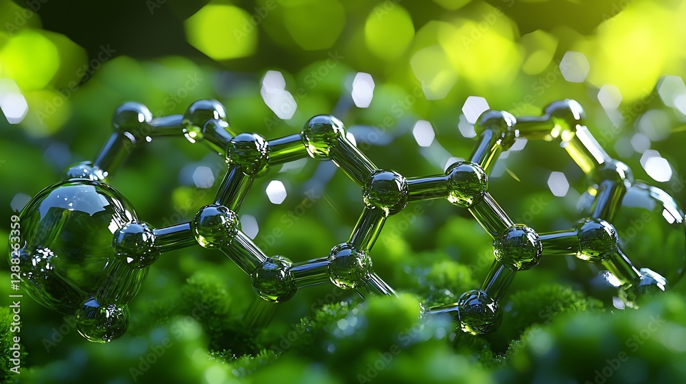 Poster Molecular structure on green moss. Scientific representation. Possible use in educational materials