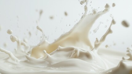 Dynamic splash of milk with droplets in motion against white background