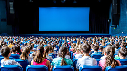 A large group of children sitting in a theater watching a movie