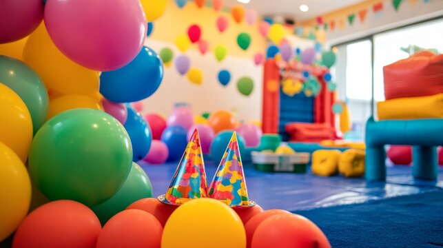 Bright and Colorful First Birthday Celebration with Playful Balloons and Party Hats 
