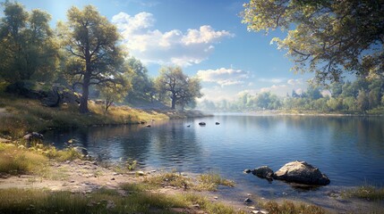 Fototapeta premium Serene Summer Lake Landscape with Lush Green Trees and Sunny Sky