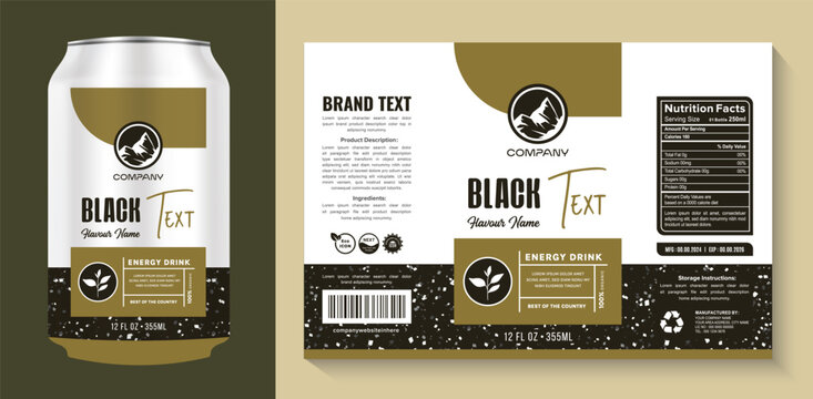 Modern packaging design for premium energy drinks, featuring a clean label template with a gold, black, and white color scheme. Ideal for organic tea supplement brands and other high-quality beverages