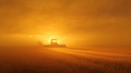 Combine harvester at sunset in golden wheat field