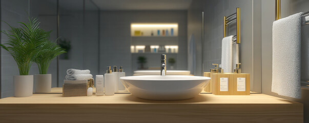 modern bathroom featuring sleek sink, elegant toiletries, and touch of greenery. warm lighting creates serene atmosphere, perfect for relaxation and self care