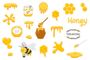 Cute honey elements and bee character illustration set. Vector funny illustration collection for stickers, print, cards, posters, web site, banner, landing page.