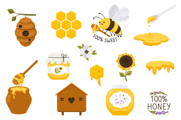 Cute honey elements, hive and bee character illustration set. Vector funny illustration collection for stickers, print, cards, posters, web site, banner, landing page.