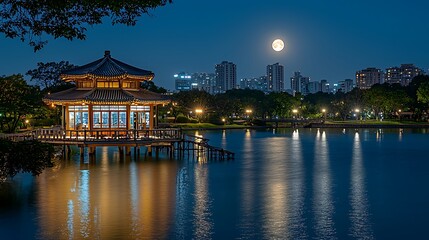 Moonlit park pavilion reflecting on calm lake