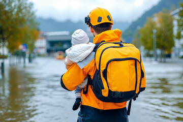 A man in a yellow jacket holding a baby in his arms