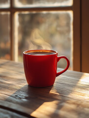 Warm red mug resting on wooden table by window
