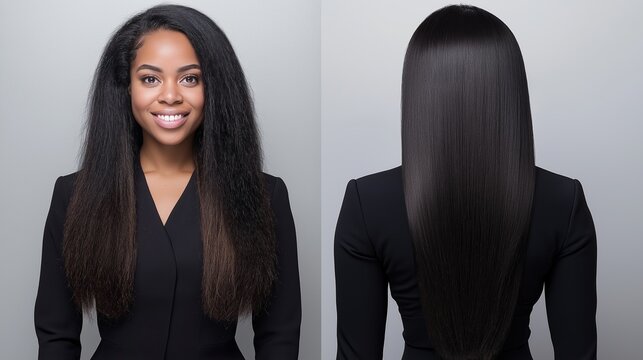Transformation of long hair showcasing a shiny and healthy appearance, before and after split photo