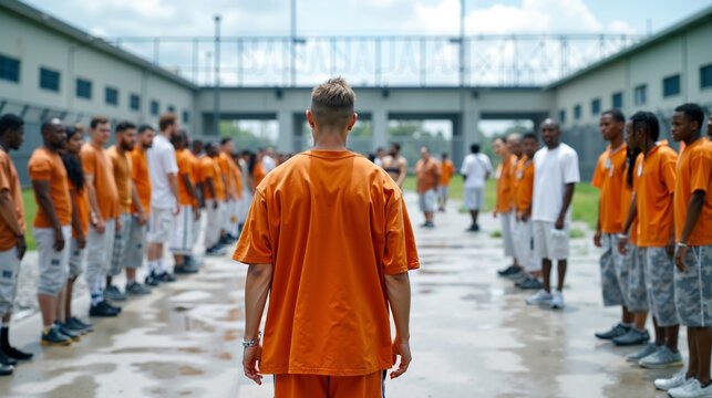 A group of men in orange prison uniforms standing in a line