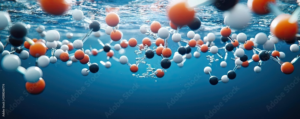 Poster ocean acidification concept. colorful molecular structures suspended in clear water create an underw