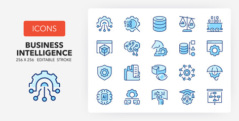 Line icons about business intelligence. Contains such icons as management big data, benchmarking, machine learning and more. 256x256 Pixel Perfect editable in two colors