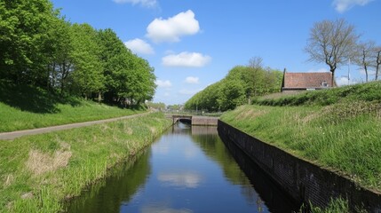Fototapeta premium Delfshaven Canalside Serenity with Lush Greenery and Historical Architecture 