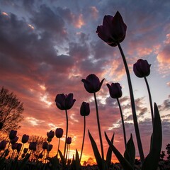 A striking silhouette of tall purple tulips set against a colorful sunset sky filled with clouds. This enchanting scene captures the beauty of spring and nature’s wonders.