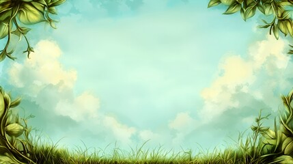 Whimsical Green Landscape with Pastel Sky and Leaf Frame