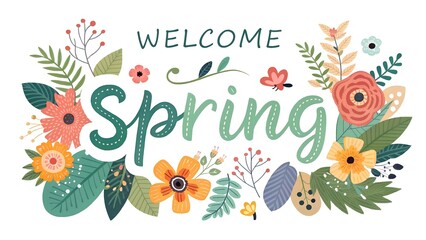 Obraz premium Welcome Spring Floral Illustration – Perfect for Greeting Card, Social Media, Digital Wallpaper, Seasonal Banner, and Invitation Design
