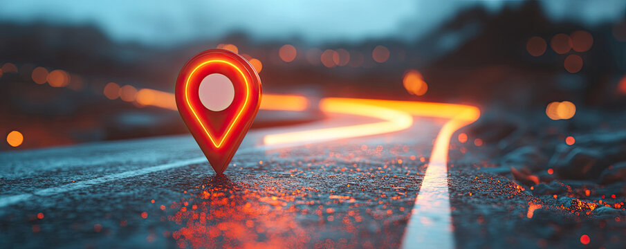 Glowing Neon GPS Location Pin on a Dark Road at Night