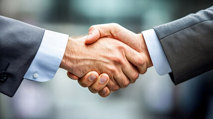 Obraz premium Two business associates clasp hands in a firm handshake, symbolizing agreement, partnership, and a deal well done, signifying success.