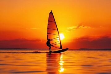 Windsurfing at sunset an athlete against the background of an orange sky, the water reflects the rays of the setting sun. Romance, extreme sports, the force of nature. 