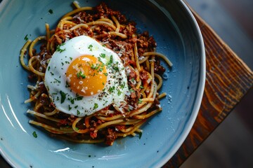 Spaghetti with bolognese and egg on blue plate. Neural network AI generated