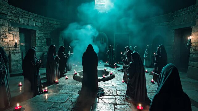 A secret society ceremony takes place at midnight in a dimly lit ancient stone chamber, with hooded figures gathered around a circle of candles and symbols