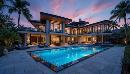 Fototapeta premium Luxury home with pool at dusk. Elegant, spacious design for serene outdoor living and stylish relaxation in a private tropical paradise.