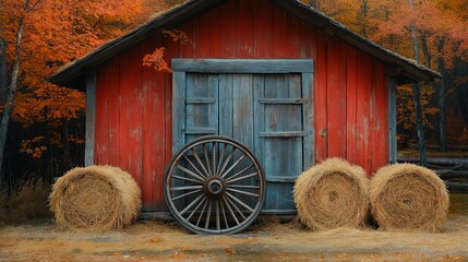 Obraz premium vintage wooden wagon wheel against rustic barn with hay bales and weathered wood textures