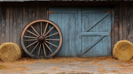 Obraz premium vintage wooden wagon wheel against rustic barn with hay bales and weathered wood textures