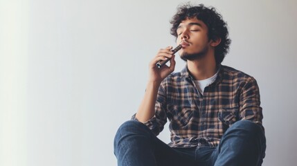 A student taking a break from studying, holding a vaping device. Featuring relaxation and modern habits