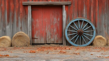 Obraz premium vintage wooden wagon wheel against rustic barn with hay bales and weathered wood textures