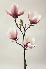 A beautifully arranged branch of pink magnolias showcases delicate petals and vibrant colors against a soft background.