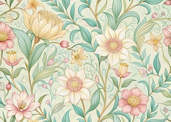 Elegant Floral Pattern: Soft Hues & Intricate Line Art Design