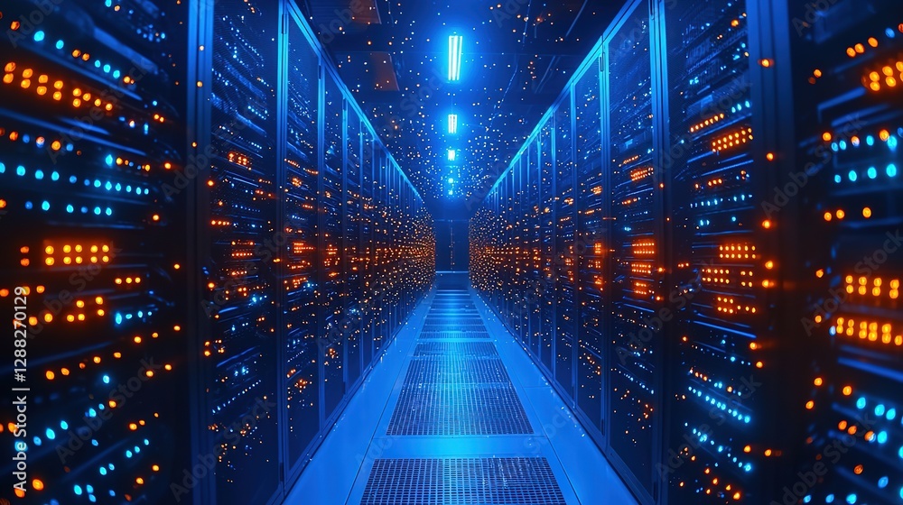 Poster information traveling through the data center storage in blue and orange colors. cloud computer syst