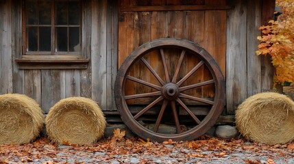 Obraz premium vintage wooden wagon wheel against rustic barn with hay bales and weathered wood textures