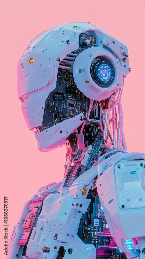Fototapete Futuristic humanoid robot with exposed circuitry on pink background. Advanced technology and artificial intelligence concept