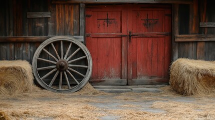 Obraz premium vintage wooden wagon wheel against rustic barn with hay bales and weathered wood textures