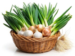 Fresh Spring Onions in Basket, Isolated White Background - Vibrant Green Vegetables