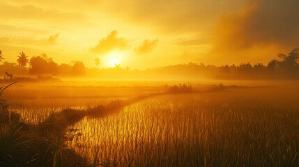 Serene sunset over lush rice fields with mist and silhouettes of palm trees in the background