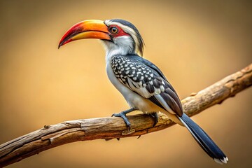 Obraz premium Hornbill Bird on Branch, Beige Background - Wildlife Stock Photo
