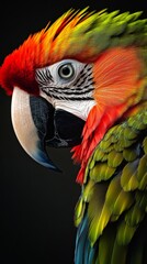 Obraz premium Vibrant macaw parrot with colorful feathers on dark background, close-up view. Wildlife and nature photography concept